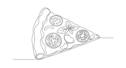 Stylized depiction of a delicious pizza slice created with a single continuous line art technique, perfect for modern design and food illustrations