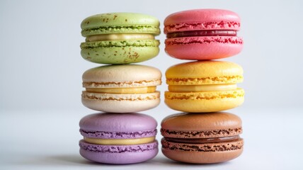 A playful tower of colorful assorted French macarons stacked against a clean white background.
