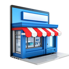 Cartoon digital storefront emerging from a laptop screen, symbolizing online retail