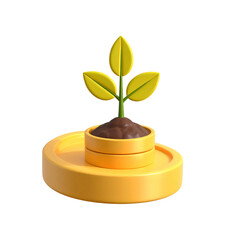 Cartoon sprout growing from a coin stack. Shiny and bright, on black background