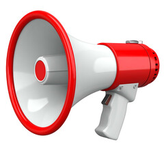 Close-up of a red and white megaphone, isolated on a dark backdrop