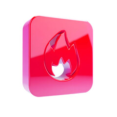 Glossy, 3D red square with a fire icon, casting reflections against a black background