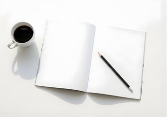 Flat-Lay Open Magazine Mockup with Coffee Cup and Pencil on White Desk