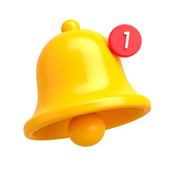 Glossy 3D rendered bell icon, yellow with a red notification badge