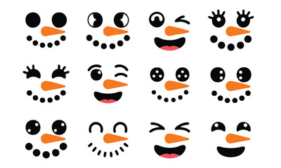 Collection of Cartoon Snowman Faces and Expressions, Set of Funny Snowman Head Decals/Mugs, 12 Different Cute Snowman Expressions, illustration, vector.