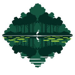 Elegant heron with its reflection in a tranquil pond surrounded by dark green forest trees and vibrant lily pads.