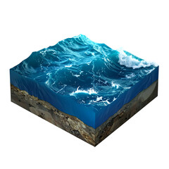 Isometric cross-section of ocean water, showing surface waves and submerged layers