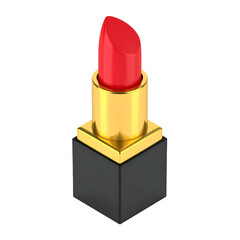 Isometric render of red lipstick in a golden tube, on a black base, against a black background