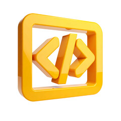 Shiny 3D golden icon of code brackets enclosed in a square frame, on black background