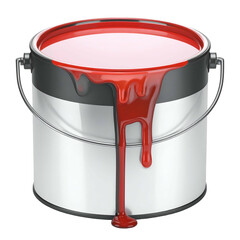 Shiny metallic paint can overflowing with bright red paint, with drips