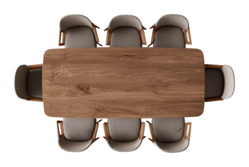 Business meeting setup conference room wooden table modern aerial view isolated on transparent background