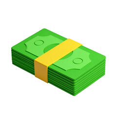 Stack of green banknotes with a yellow paper band, isolated on a black background