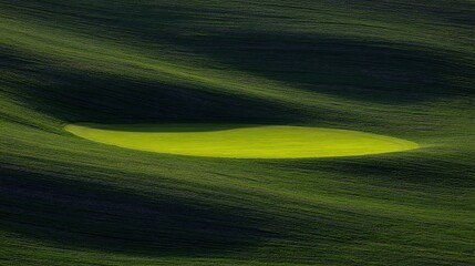 Obraz premium golf. Ancient golf course green glowing in morning light, manicured grass surface. event key visuals, club posters, designed for fitness apps and gym onboarding, used by fitness trainers.