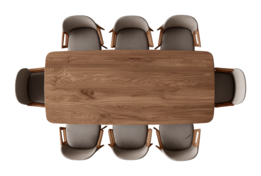 Business meeting setup conference room wooden table modern aerial view isolated on transparent background