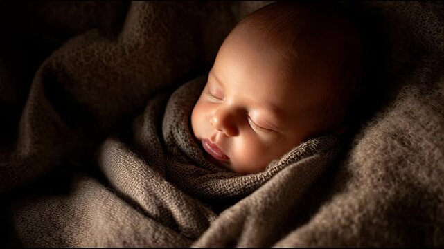 Serene Newborn Baby Sleeping Soundly Wrapped in Warm Brown Swaddle Blanket, Soft Low-Key Portrait.