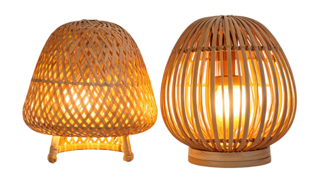 Wicker shade lamp duo rattan light set isolated on transparent background