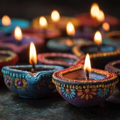 Festive Diwali Celebration, Colorful Clay Diyas, Home Setting, Photography, Vibrant Atmosphere, Close-Up Viewpoint