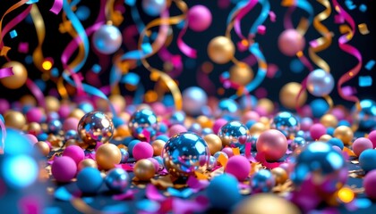 Naklejka premium Vibrant Celebration Scene with Reflective Spheres and Confetti