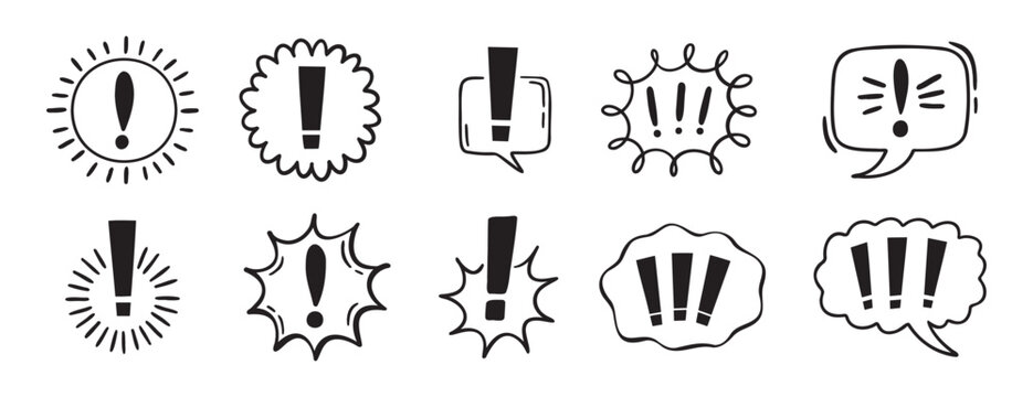 exclamation mark icon with bubble chat set, comix exclamation mark icon doodle hand drawn. Outline line drawing clipart symbol