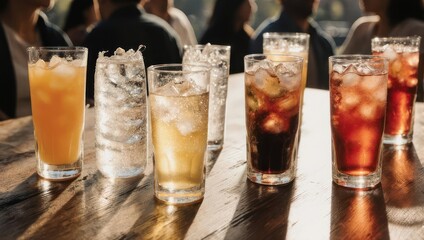 Refreshing Assortment of Iced Drinks on a Wooden Table.