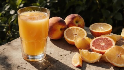 Refreshing Glass of Orange Juice with Freshly Cut Citrus Fruits and Peaches on a Sunny Outdoor Table.