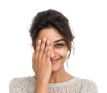 Smiling woman covering eye portrait bright joy isolated on transparent background