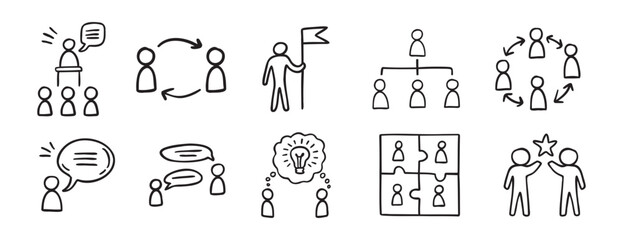 Fototapeta premium meeting team icon work team doodle hand drawn icon set. Outline drawing line clipart symbol collection