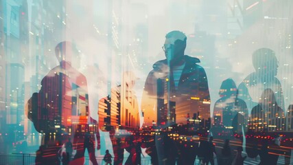 Cityscape Silhouette: A captivating blend of urban life and architectural marvels. Silhouettes of individuals navigate the city streets against a backdrop of towering buildings.