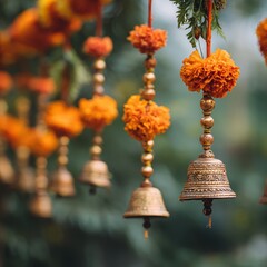 Obraz premium Diwali Celebration, Decorative Bells, Outdoor Setting, Photography, Vibrant Environment, Close-Up View, Festive Vibes