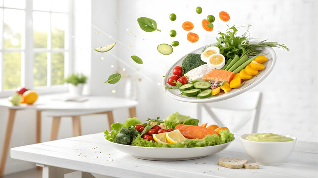 Vibrant healthy salad with salmon, egg, veggies in motion, ideal for wellness branding, food delivery promos, diet plans, nutrition blogs, restaurant menus