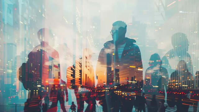 Cityscape Silhouette: A captivating blend of urban life and architectural marvels. Silhouettes of individuals navigate the city streets against a backdrop of towering buildings.