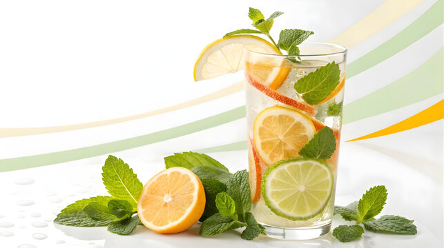 Citrus mint detox water with lemon, lime, orange, and fresh mint in a glass, ideal for healthy drink ads, wellness campaigns, diet promotions, summer menus, and hydration visuals