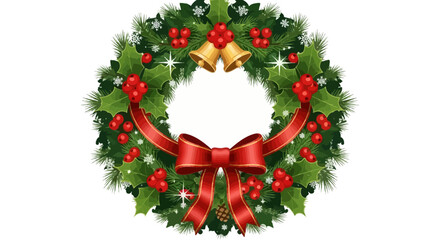 Festive Christmas wreath with holly berries and a red ribbon bow a decorative holiday element isolated on white background