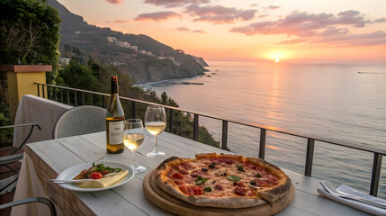Sunset dinner with pizza and white wine on seaside terrace, romantic ocean view dining, Italian food concept, travel destination promotion, vacation restaurant setting, lifestyle stock image