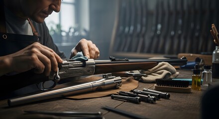 Carefully cleaning a firearm on a wooden workbench, focusing on detail and expert maintenance process.