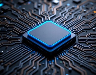 Futuristic Central Electronic Component with Light Blue Accents