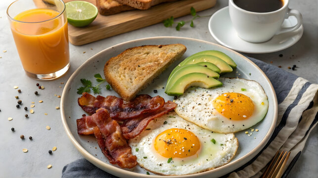 Classic breakfast with fried eggs, bacon, avocado, toast, and juice, ideal for morning menus, diner promotions, recipe blogs, nutrition visuals, and weekend breakfast campaigns