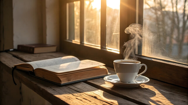Steaming cup of coffee next to open book on wooden windowsill in warm morning light, perfect for relaxation themes, reading blogs, mental wellness content, cozy lifestyle visuals - Powered by Adobe