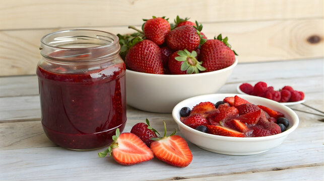 Homemade strawberry jam with fresh strawberries, blueberries and raspberries, rustic wooden background, organic berry preserve, breakfast ingredient, food blog content, farm-to-table theme
