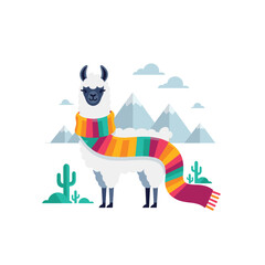 Obraz premium A cute llama wearing a long, vibrant striped scarf stands in a mountainous landscape with cacti, rendered in a cheerful flat design style.