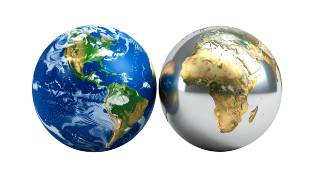 Globe pair with detailed continents isolated on transparent background
