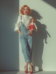 Stylish woman in retro outfit holding a doll under dramatic sunlight. Vintage fashion and artistic concept photography evoking nostalgia, confidence, and surreal storytelling with soft tones and mood.
