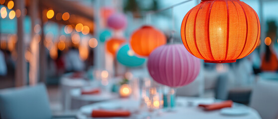 Colorful lanterns illuminate festive dining setting, creating warm atmosphere for celebrating Chinese New Year. vibrant hues enhance joyful ambiance of occasion