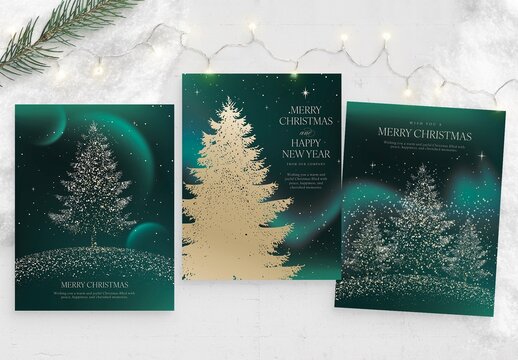 Christmas Winter Poster Template with Christmas Tree Vector & Winter Wonderland Theme in Green & Gold