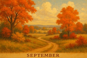 Horizontal September Autumn Illustration – Trees and Fields in Warm Yellow and Orange Colors