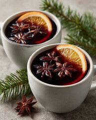 A cozy winter scene featuring warm mulled wine with star anise and orange slices in ceramic mugs surrounded by pine branches on a rustic surface
