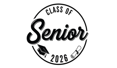 Class of 2026 senior year emblem with graduation cap and scroll design, representing achievement and future endeavors in education