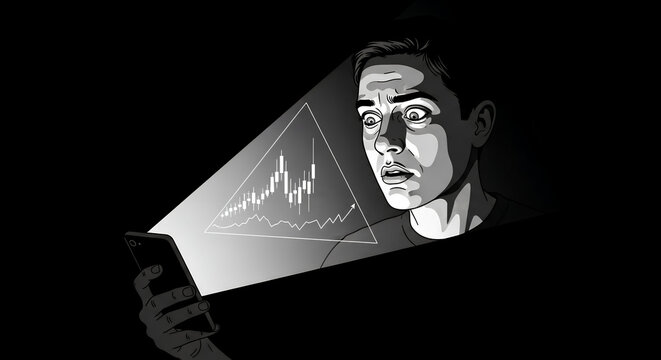 Man staring at smartphone under spotlight &ndash; digital attention concept