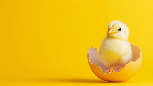 Spring's Arrival: A fluffy, newly hatched chick emerges from its egg, bathed in the soft glow of golden yellow background, signifying new beginnings and the wonders of nature.