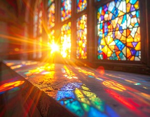 View through a richly colored stained glass window, with bright sunlight pouring through and creating a brilliant lens flare and warm glow